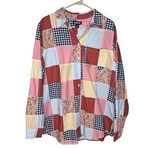 Lands' End Patchwork Boyfriend Shirt XLT XL Tall Cotton
